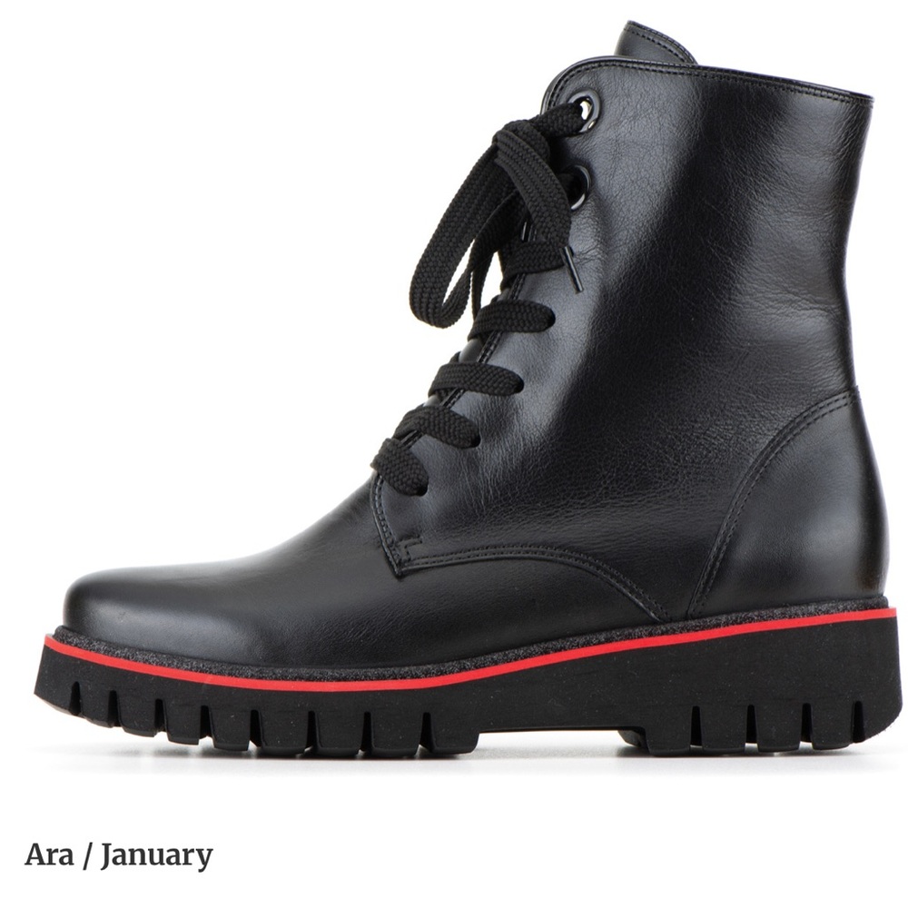 Ara January Women's Black European Leather Boots with Red Trim